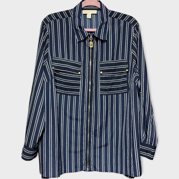 MICHAEL Michael Kors Tops - Michael Kors Navy White Nautical Zip Front Shirt with Logo Tag 2X